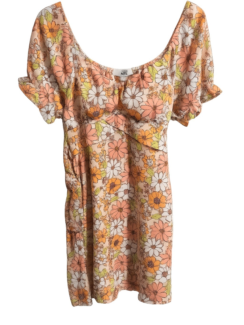 Floral Scoop Neck Mini Dress in Peach & White